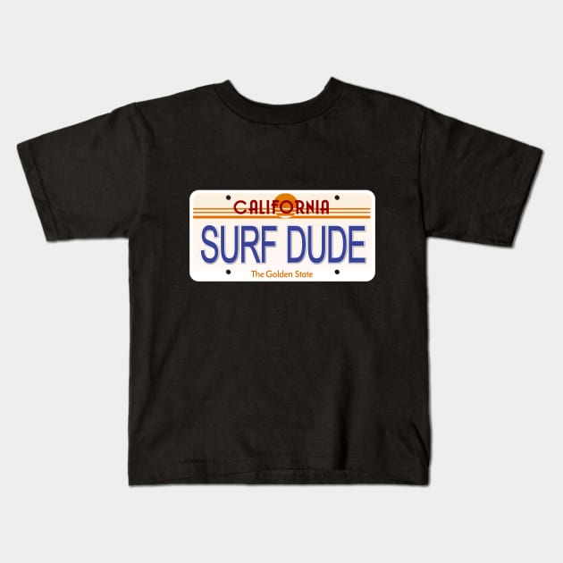 Surf Dude California State License Plate Kids T-Shirt by Mel's Designs